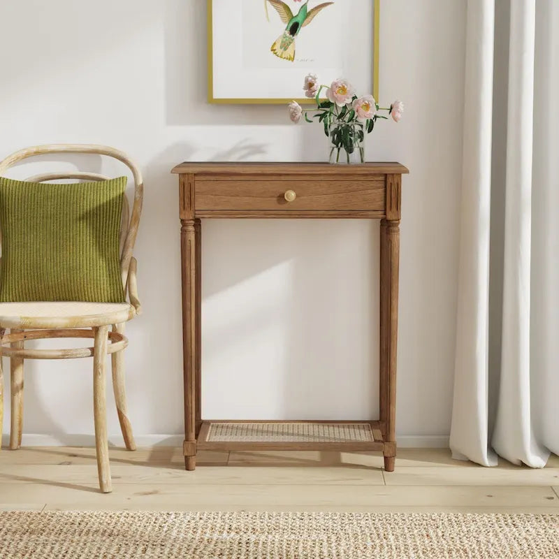Console en bois massif avec tiroir et étagère en osier