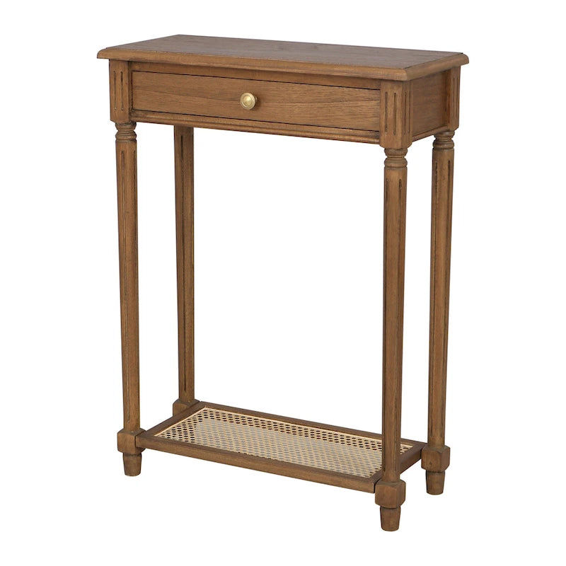 Console en bois massif avec tiroir et étagère en osier