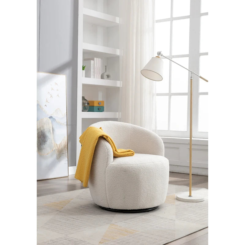 Fauteuil pivotant en tissu bouclette Teddy avec piètement annulaire en métal noir — Ivoire