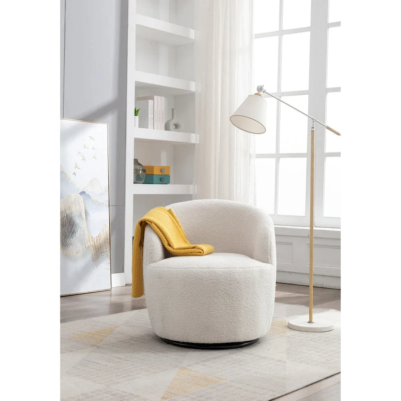 Fauteuil pivotant en tissu bouclette Teddy avec piètement annulaire en métal noir — Ivoire