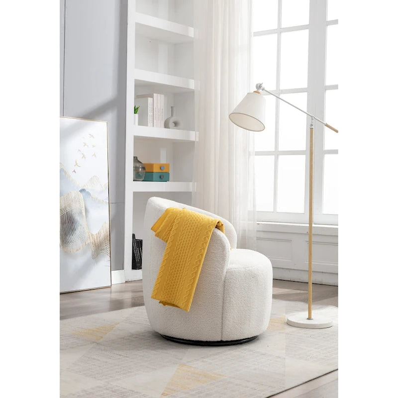 Fauteuil pivotant en tissu bouclette Teddy avec piètement annulaire en métal noir — Ivoire