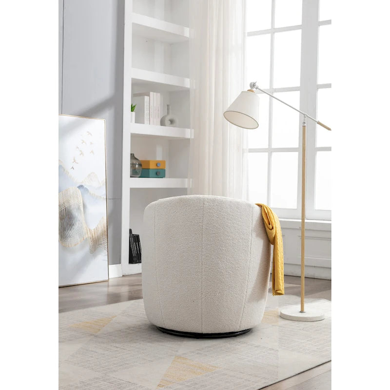 Fauteuil pivotant en tissu bouclette Teddy avec piètement annulaire en métal noir — Ivoire