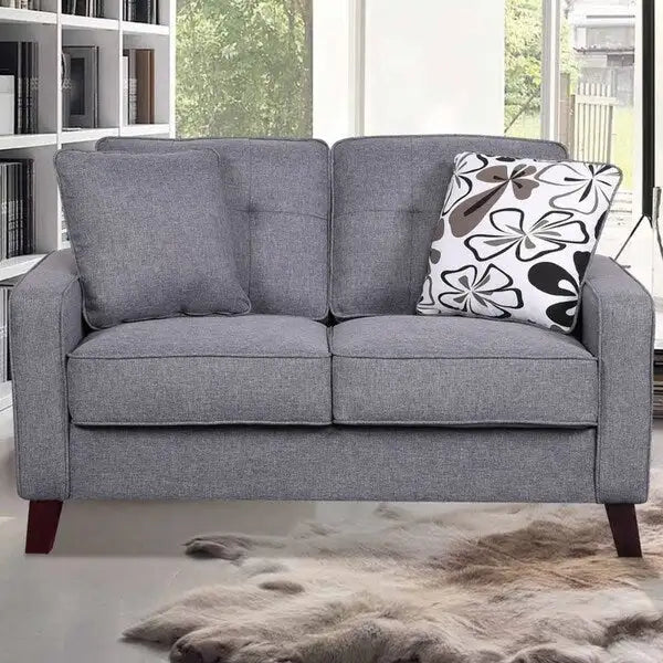 Causeuse capitonnée en lin de style Mid-Century avec pieds en bois et accoudoirs carrés – 5 coloris