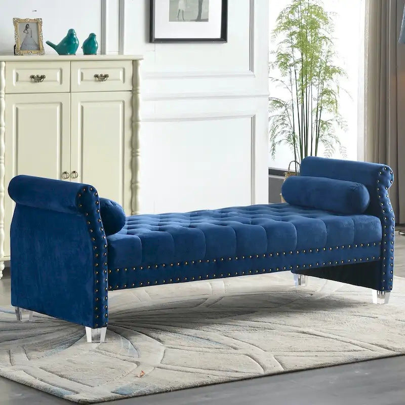Canapé-lit capitonné en velours avec accoudoirs évasés, garniture cloutée et pieds en acrylique – 8 couleurs