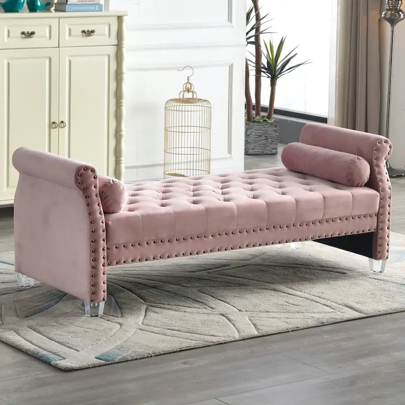 Canapé-lit capitonné en velours avec accoudoirs évasés, garniture cloutée et pieds en acrylique – 8 couleurs