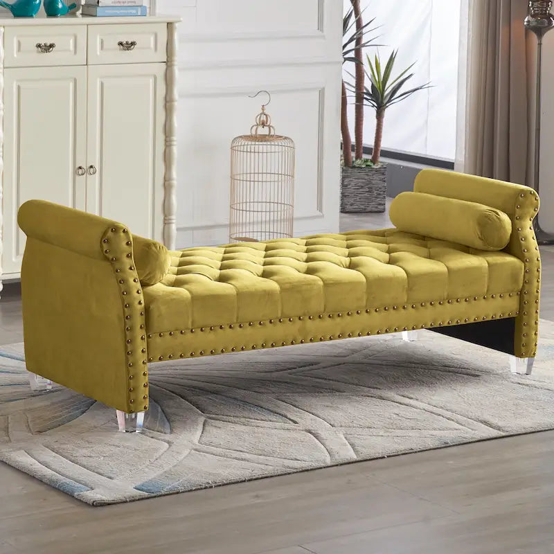 Canapé-lit capitonné en velours avec accoudoirs évasés, garniture cloutée et pieds en acrylique – 8 couleurs