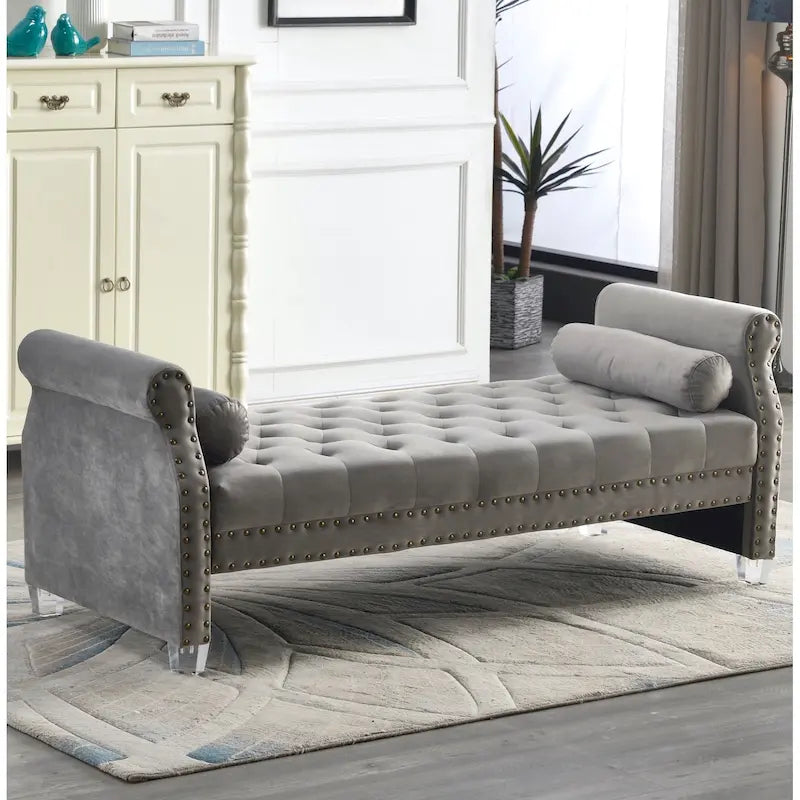 Canapé-lit capitonné en velours avec accoudoirs évasés, garniture cloutée et pieds en acrylique – 8 couleurs