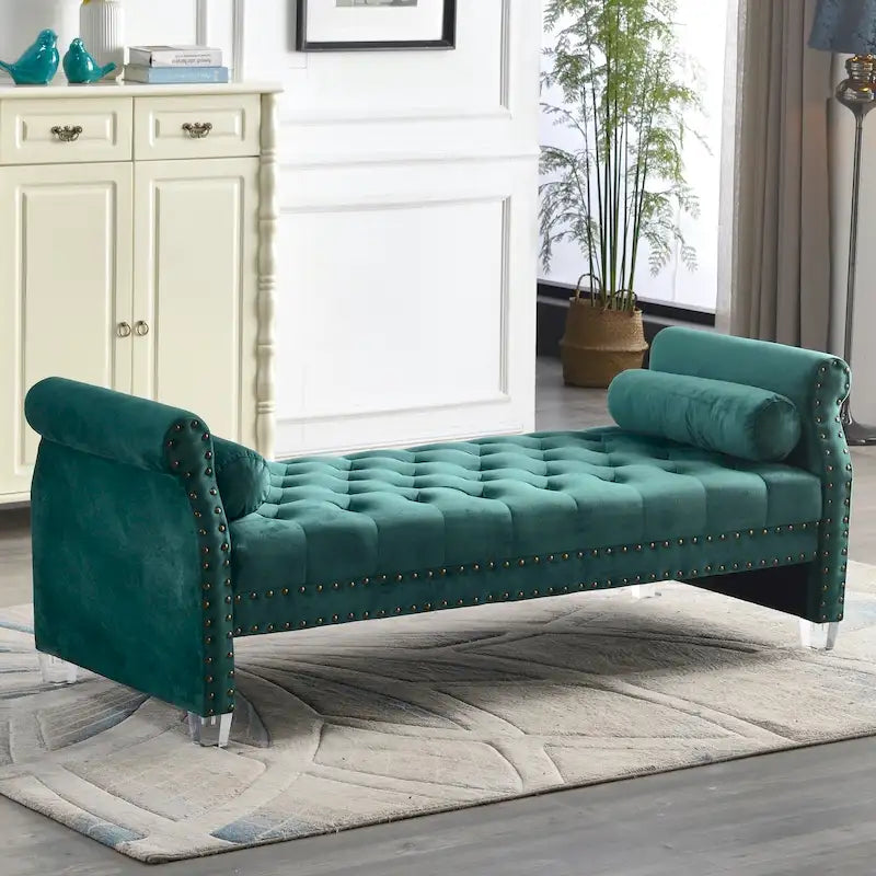 Canapé-lit capitonné en velours avec accoudoirs évasés, garniture cloutée et pieds en acrylique – 8 couleurs