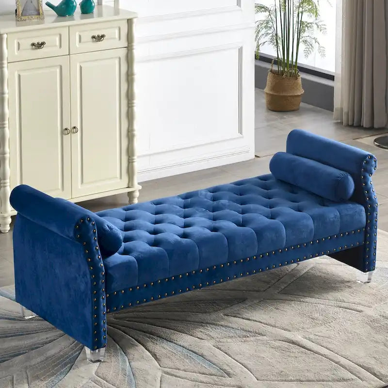 Canapé-lit capitonné en velours avec accoudoirs évasés, garniture cloutée et pieds en acrylique – 8 couleurs
