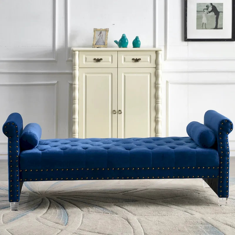 Canapé-lit capitonné en velours avec accoudoirs évasés, garniture cloutée et pieds en acrylique – 8 couleurs