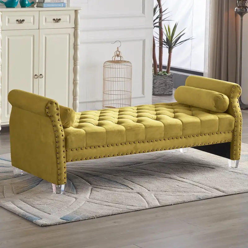 Canapé-lit capitonné en velours avec accoudoirs évasés, garniture cloutée et pieds en acrylique – 8 couleurs