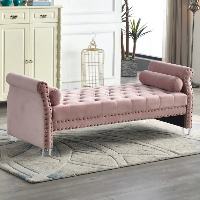 Canapé-lit capitonné en velours avec accoudoirs évasés, garniture cloutée et pieds en acrylique – 8 couleurs
