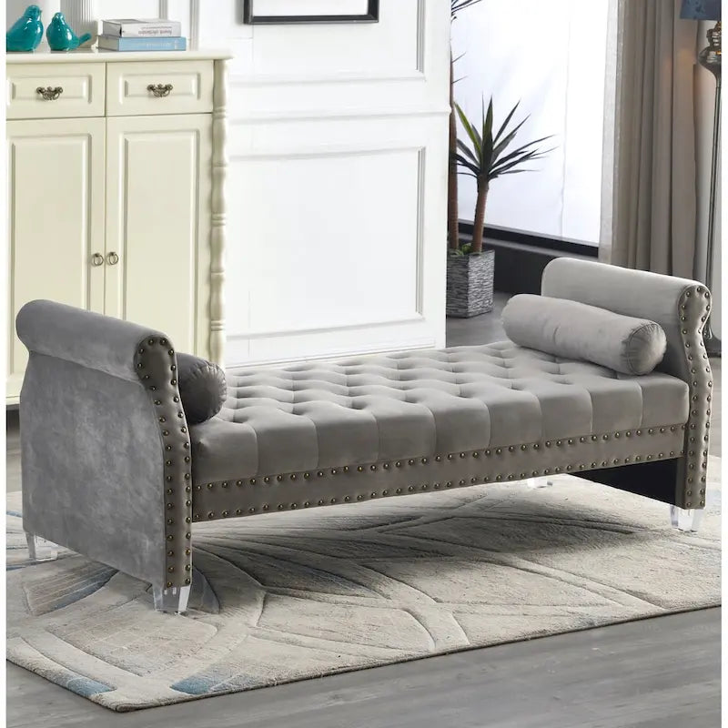 Canapé-lit capitonné en velours avec accoudoirs évasés, garniture cloutée et pieds en acrylique – 8 couleurs