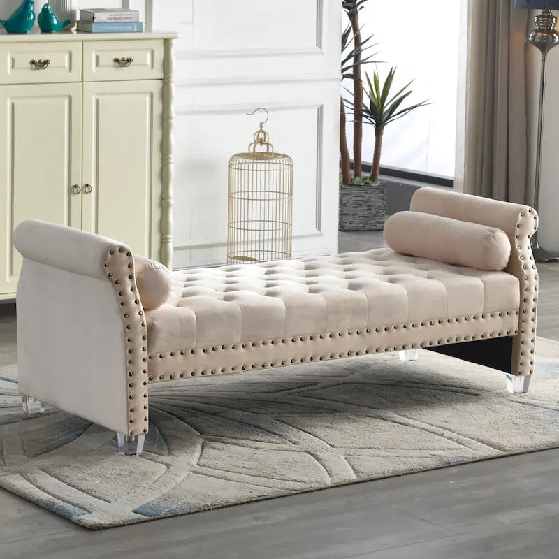 Canapé-lit capitonné en velours avec accoudoirs évasés, garniture cloutée et pieds en acrylique – 8 couleurs