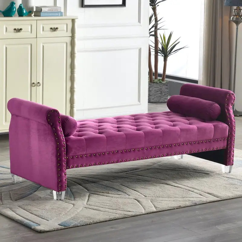 Canapé-lit capitonné en velours avec accoudoirs évasés, garniture cloutée et pieds en acrylique – 8 couleurs