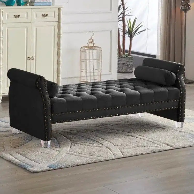 Canapé-lit capitonné en velours avec accoudoirs évasés, garniture cloutée et pieds en acrylique – 8 couleurs