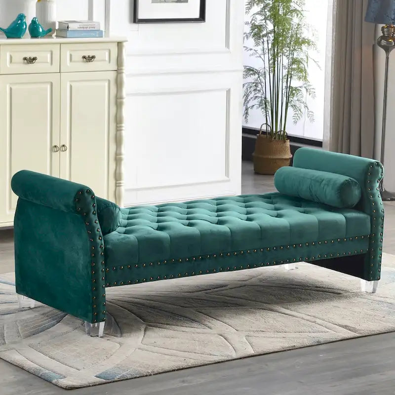 Canapé-lit capitonné en velours avec accoudoirs évasés, garniture cloutée et pieds en acrylique – 8 couleurs