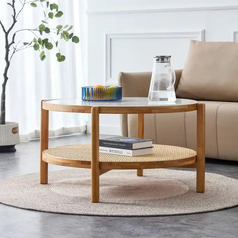 Table basse ronde en verre et rotin avec cadre en bois massif — 2 coloris