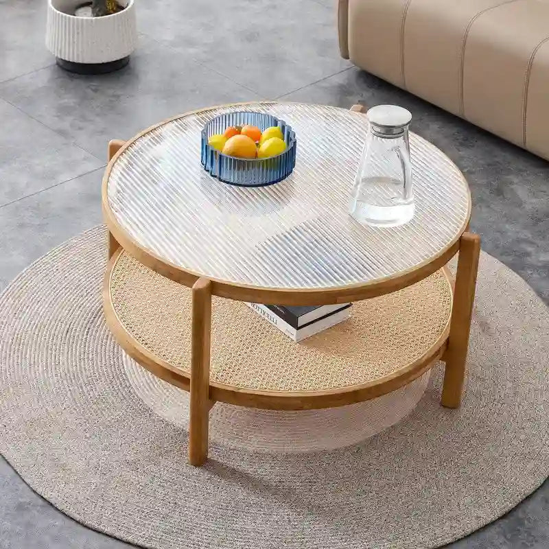 Table basse ronde en verre et rotin avec cadre en bois massif — 2 coloris