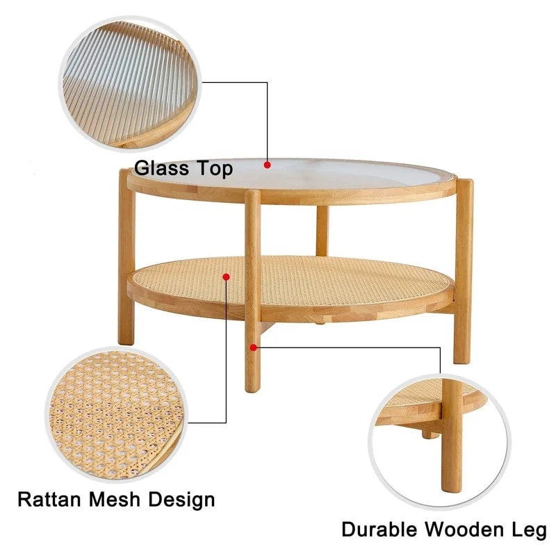 Table basse ronde en verre et rotin avec cadre en bois massif — 2 coloris