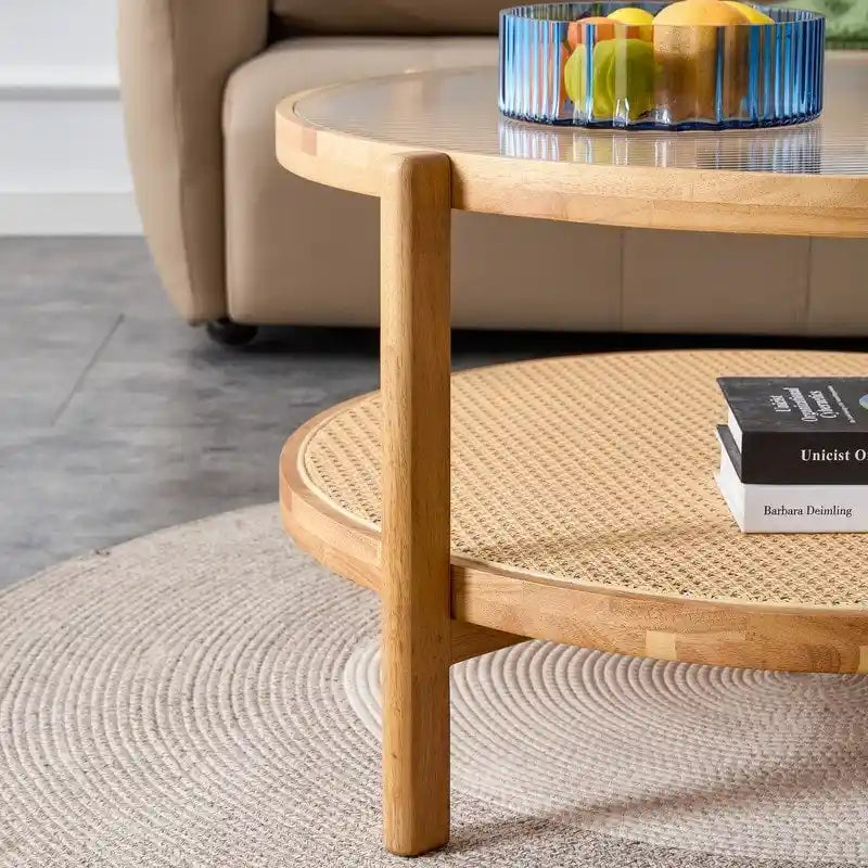 Table basse ronde en verre et rotin avec cadre en bois massif — 2 coloris
