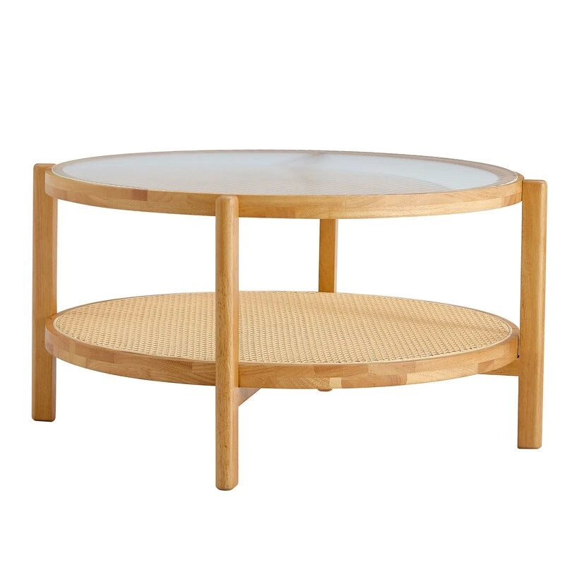 Table basse ronde en verre et rotin avec cadre en bois massif — 2 coloris