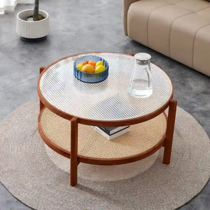 Table basse ronde en verre et rotin avec cadre en bois massif — 2 coloris