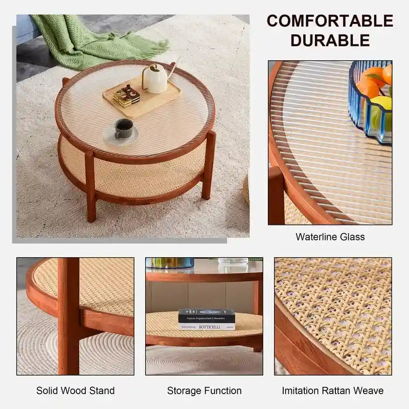 Table basse ronde en verre et rotin avec cadre en bois massif — 2 coloris