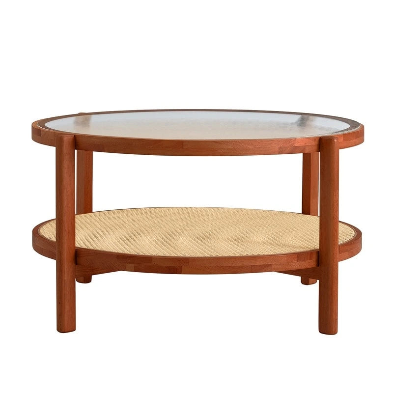 Table basse ronde en verre et rotin avec cadre en bois massif — 2 coloris