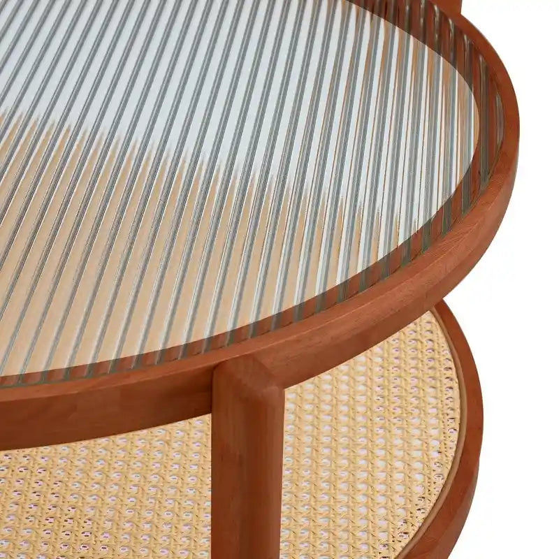 Table basse ronde en verre et rotin avec cadre en bois massif — 2 coloris