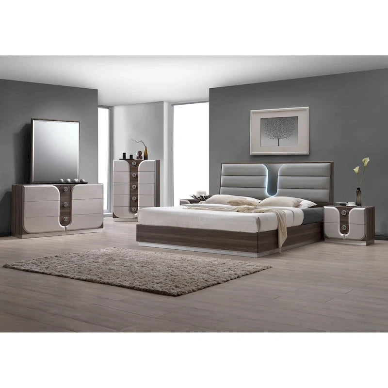 Cadre de lit Queen Size avec tête de lit capitonnée et éclairage LED — Motif grain de bois