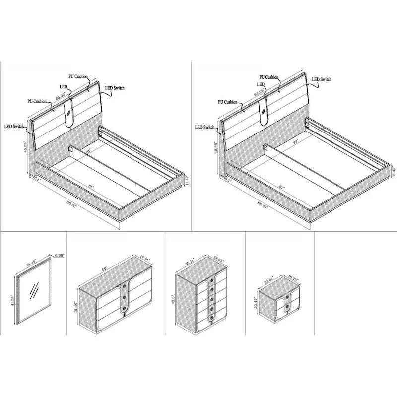 Cadre de lit Queen Size avec tête de lit capitonnée et éclairage LED — Motif grain de bois