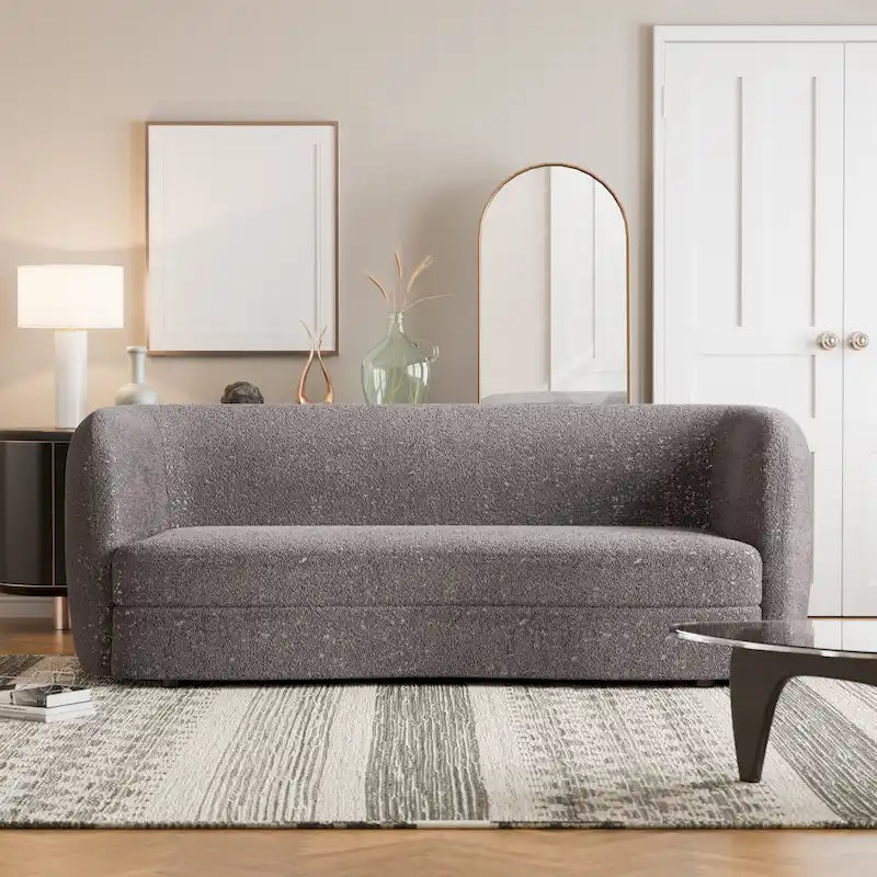 Canapé bouclette à accoudoirs incurvés avec coussin d'assise incurvé et pieds ronds en bois — 3 coloris