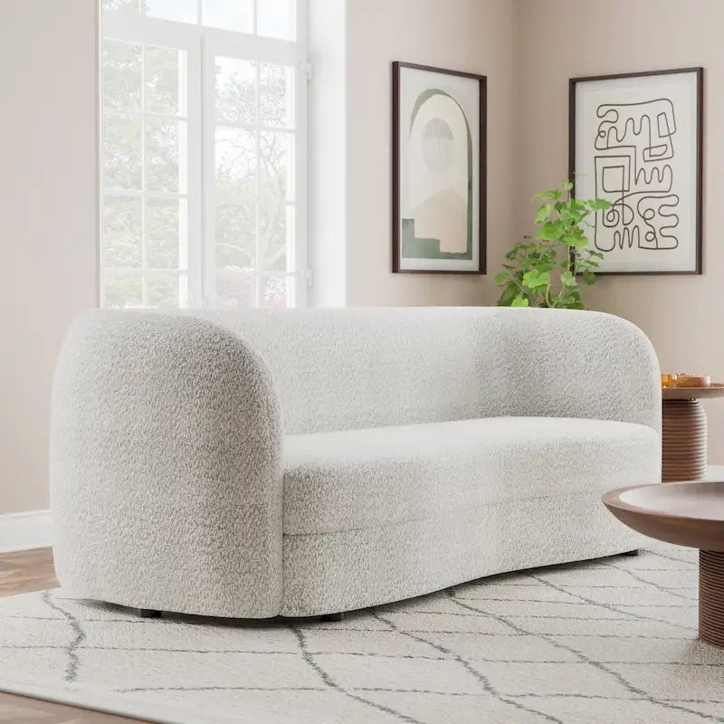 Canapé bouclette à accoudoirs incurvés avec coussin d'assise incurvé et pieds ronds en bois — 3 coloris