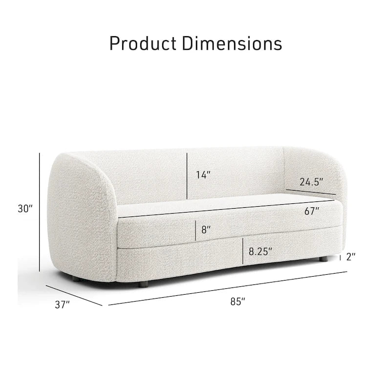 Canapé bouclette à accoudoirs incurvés avec coussin d'assise incurvé et pieds ronds en bois — 3 coloris