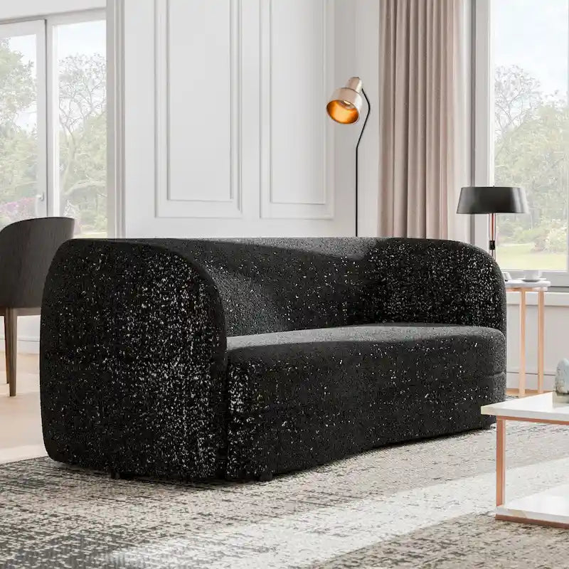 Canapé bouclette à accoudoirs incurvés avec coussin d'assise incurvé et pieds ronds en bois — 3 coloris
