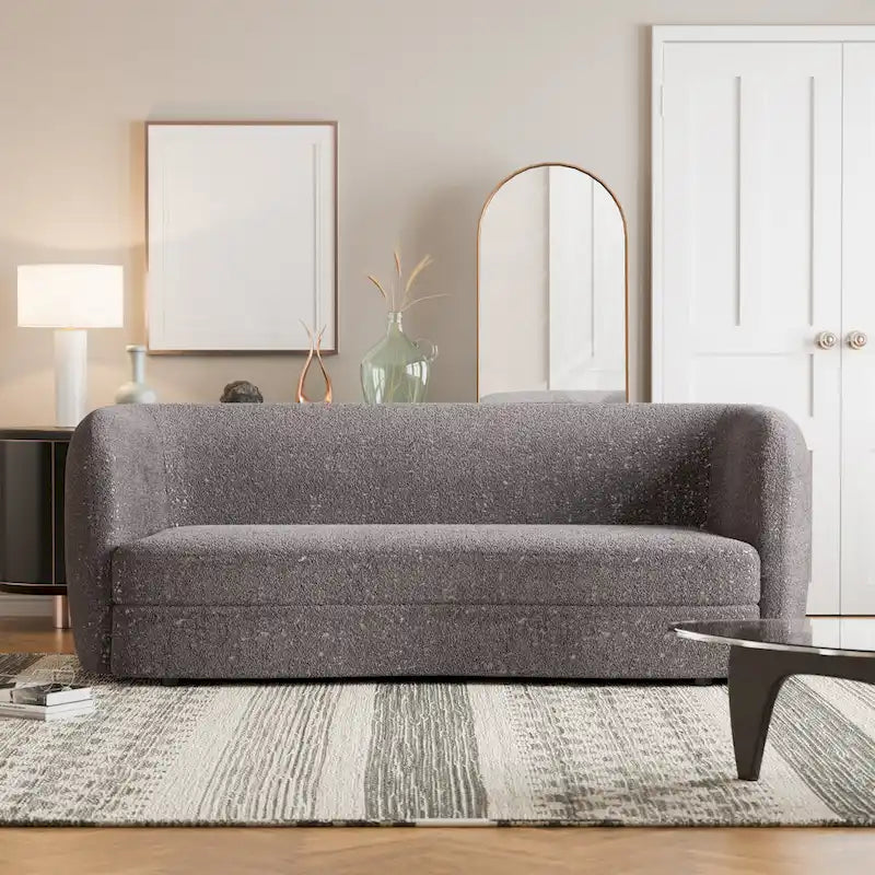 Canapé bouclette à accoudoirs incurvés avec coussin d'assise incurvé et pieds ronds en bois — 3 coloris