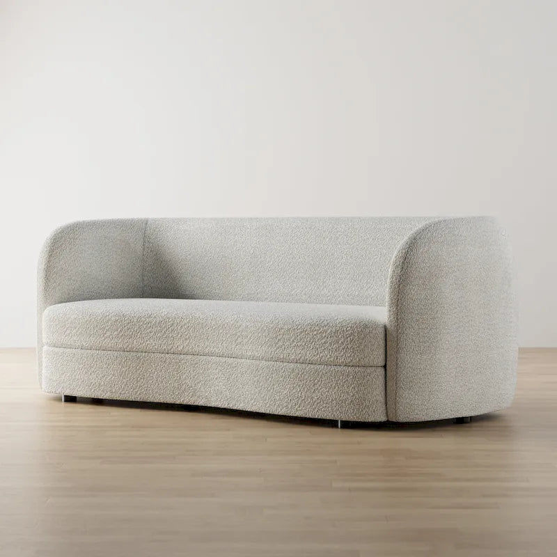 Canapé bouclette à accoudoirs incurvés avec coussin d'assise incurvé et pieds ronds en bois — 3 coloris