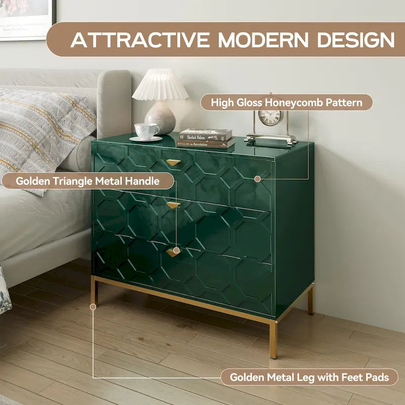 Commode de rangement moderne à 3 tiroirs avec pieds dorés