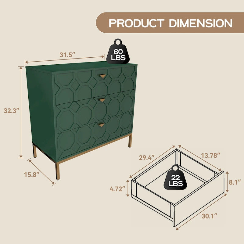 Commode de rangement moderne à 3 tiroirs avec pieds dorés