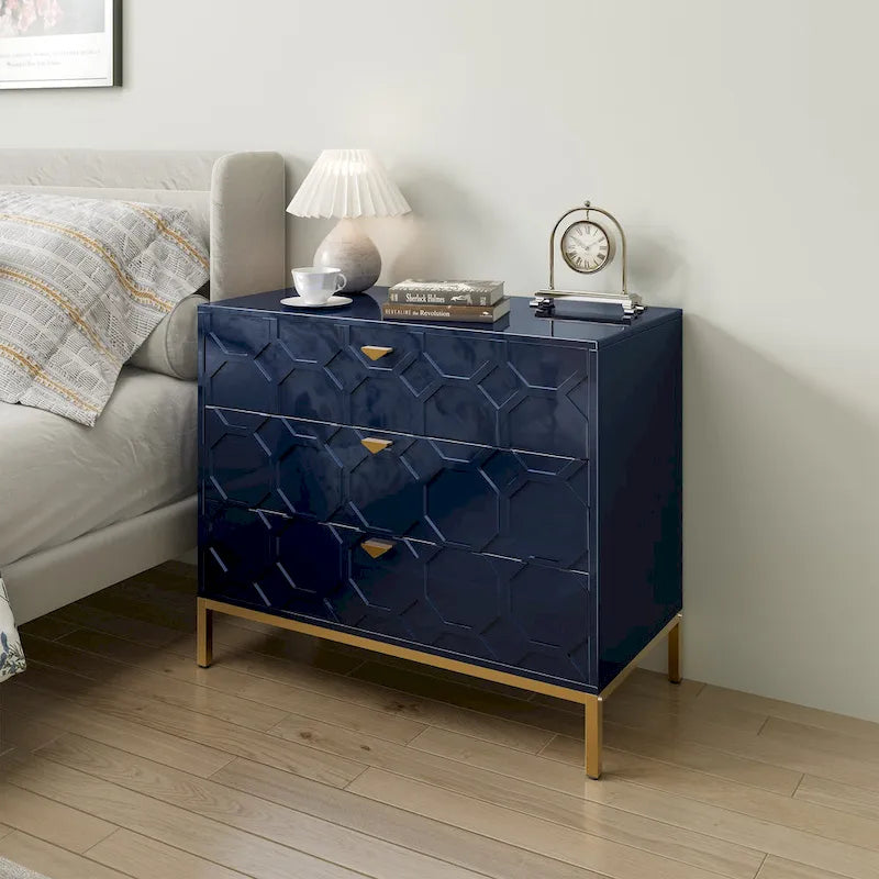 Commode de rangement moderne à 3 tiroirs avec pieds dorés