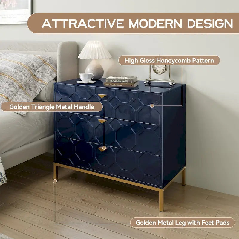 Commode de rangement moderne à 3 tiroirs avec pieds dorés