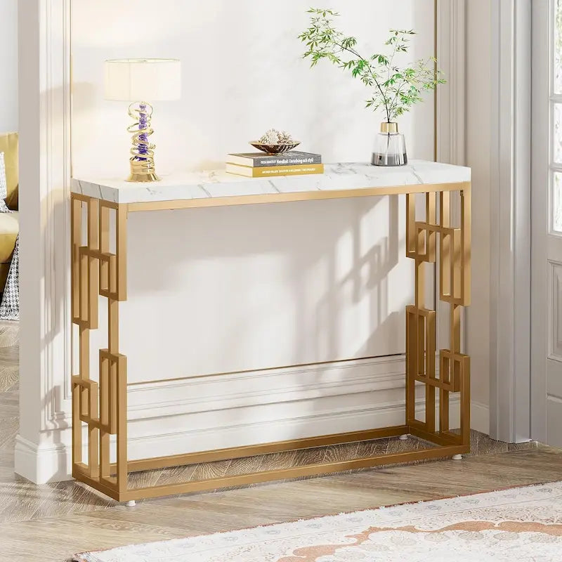 Console de 42,5 pouces avec plateau en faux marbre et pieds dorés — Blanc