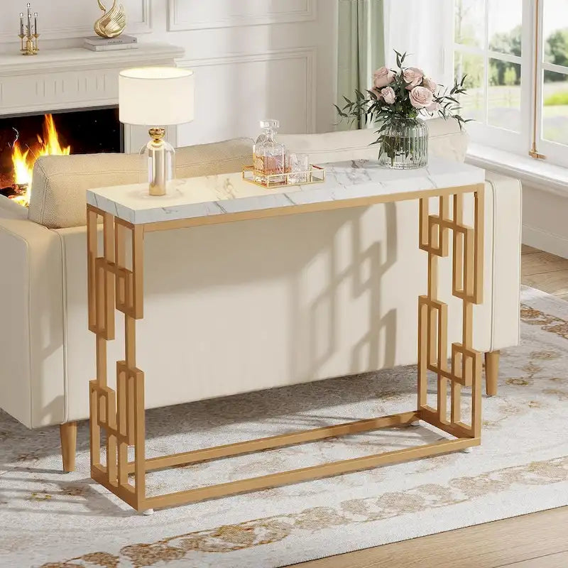 Console de 42,5 pouces avec plateau en faux marbre et pieds dorés — Blanc