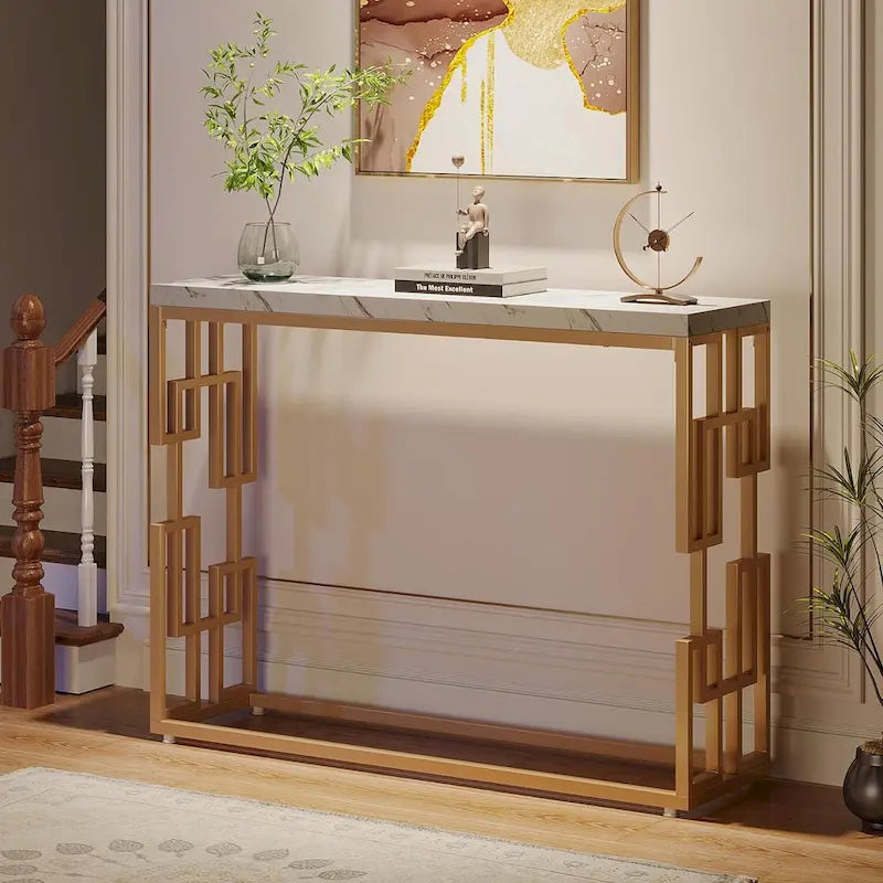 Console de 42,5 pouces avec plateau en faux marbre et pieds dorés — Blanc