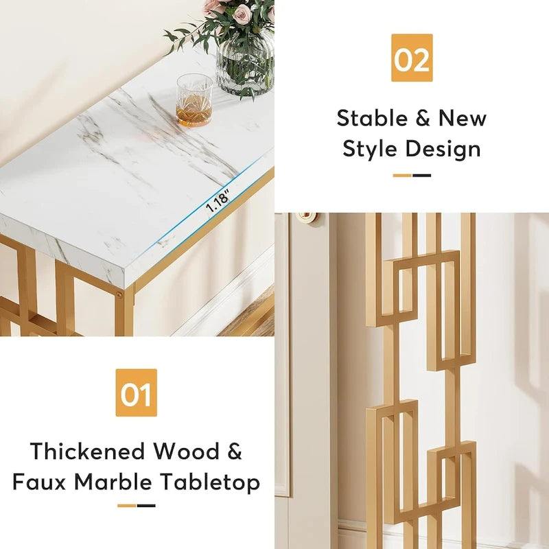 Console de 42,5 pouces avec plateau en faux marbre et pieds dorés — Blanc