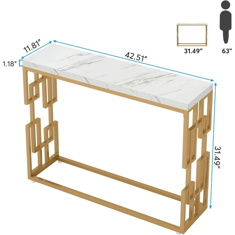 Console de 42,5 pouces avec plateau en faux marbre et pieds dorés — Blanc
