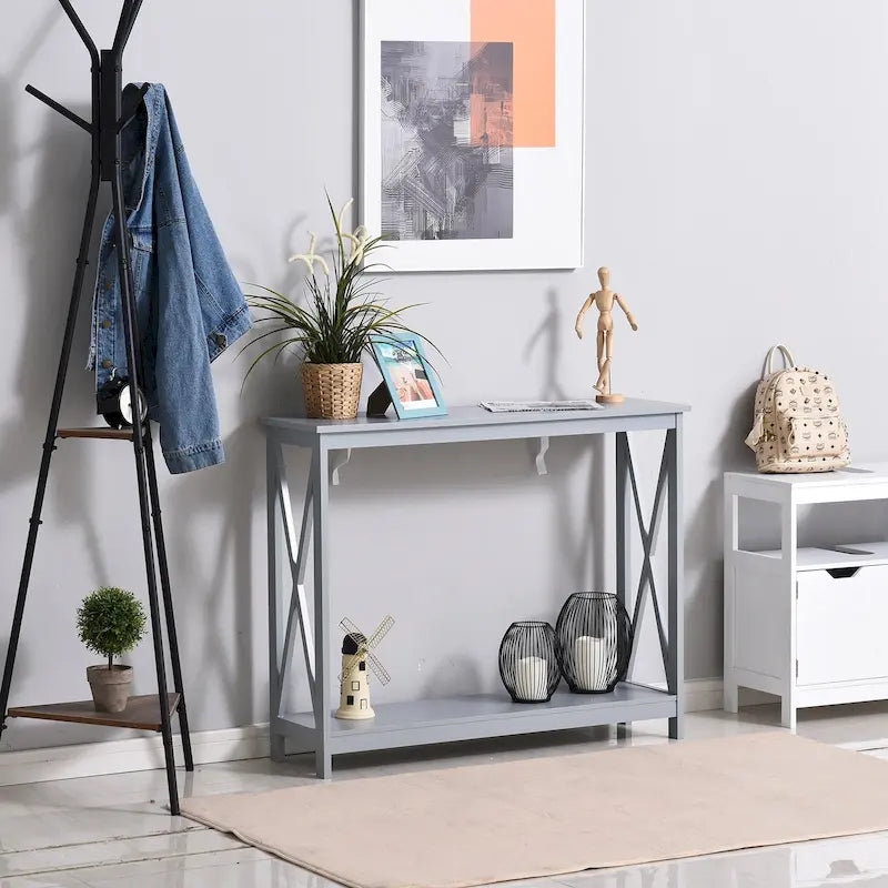 Console de ferme avec étagère de rangement inférieure et côtés en X — Gris