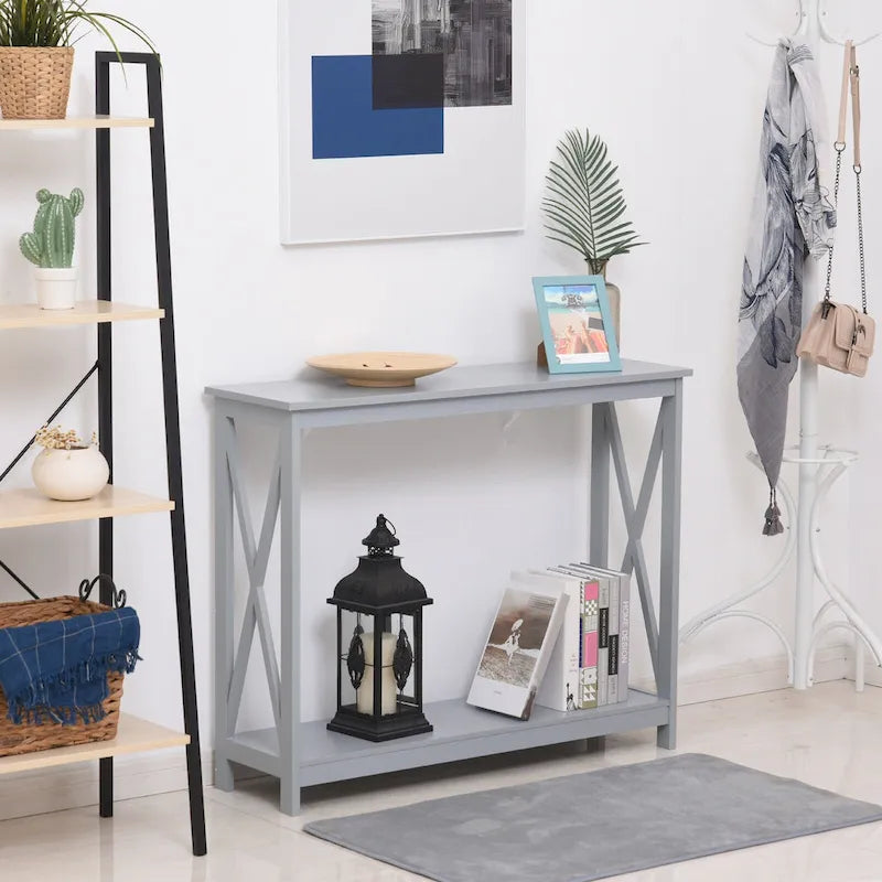 Console de ferme avec étagère de rangement inférieure et côtés en X — Gris