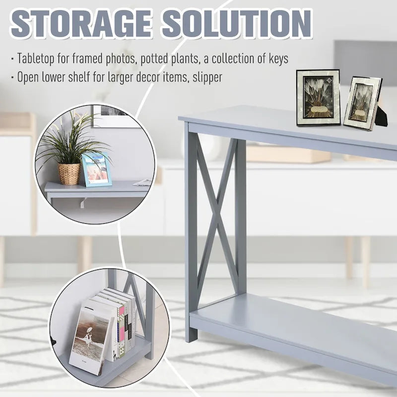 Console de ferme avec étagère de rangement inférieure et côtés en X — Gris